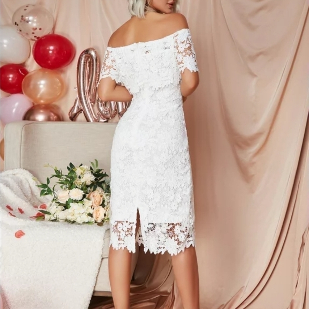 EILLY BAZAR Women's Guipure Lace Slit Hem Off The Shoulder Dress WHITE XS - Picture 7 of 9